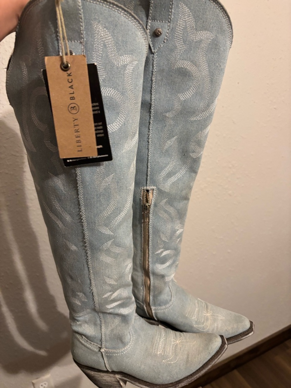 LIBERTY Black Light Blue Embroidered Over-the-Knee Boots